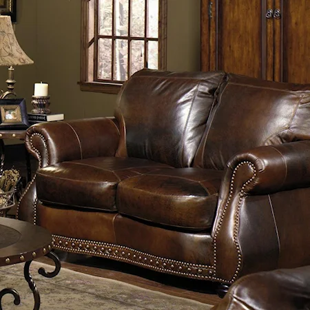 Transitional Rich Brown Leather Loveseat with Nailhead Accents